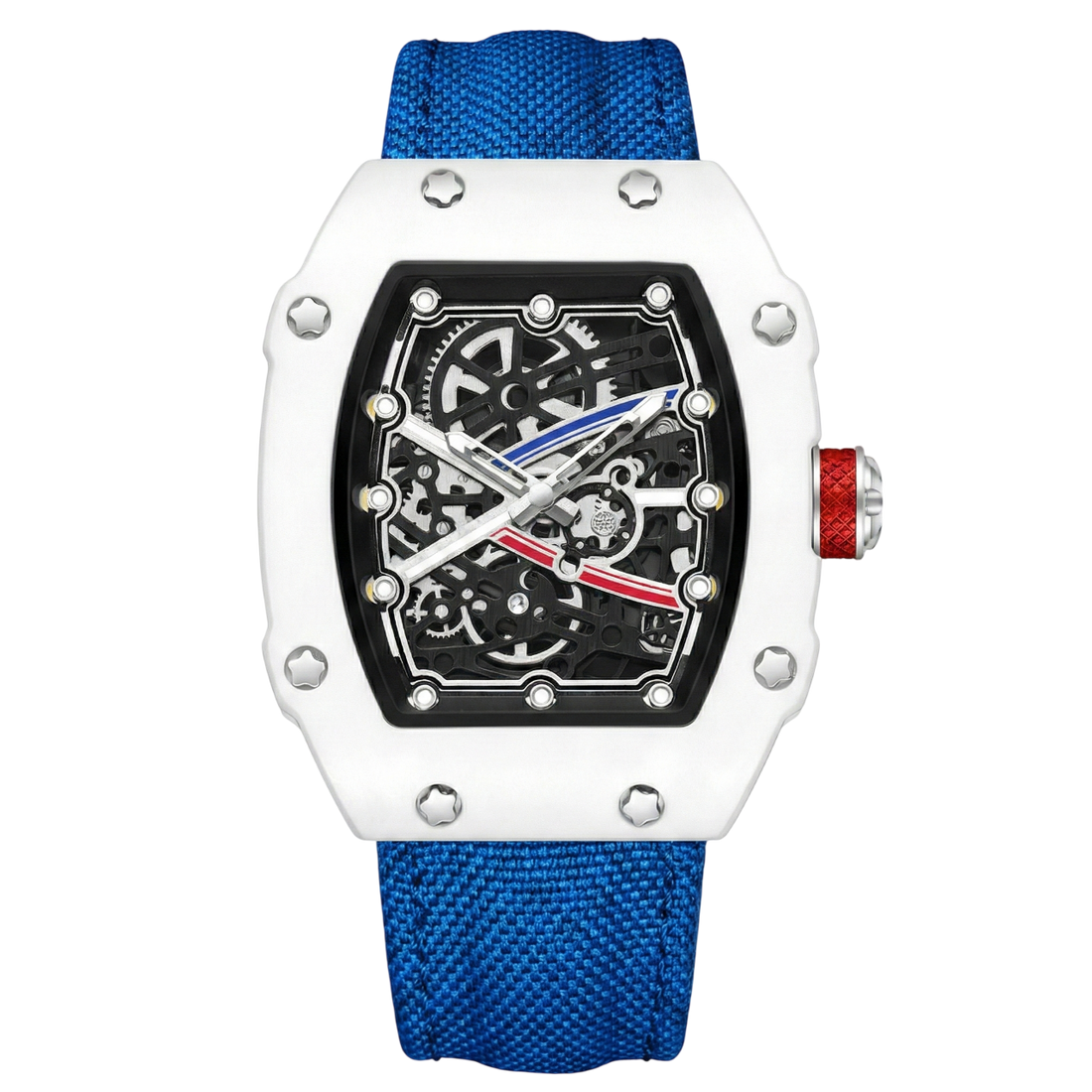 Skeleton Tonneau Sport watch by GIORGIO MARENO featuring a skeleton dial, tonneau shape, and sporty design in a detailed close-up image.