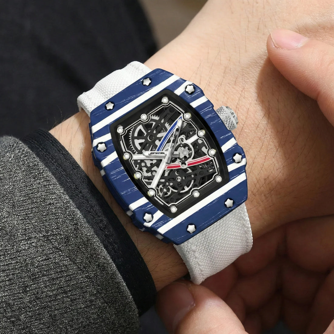 Skeleton Tonneau Sport Watch by GIORGIO MARENO featuring a skeleton dial and sporty design in a tonneau-shaped case.