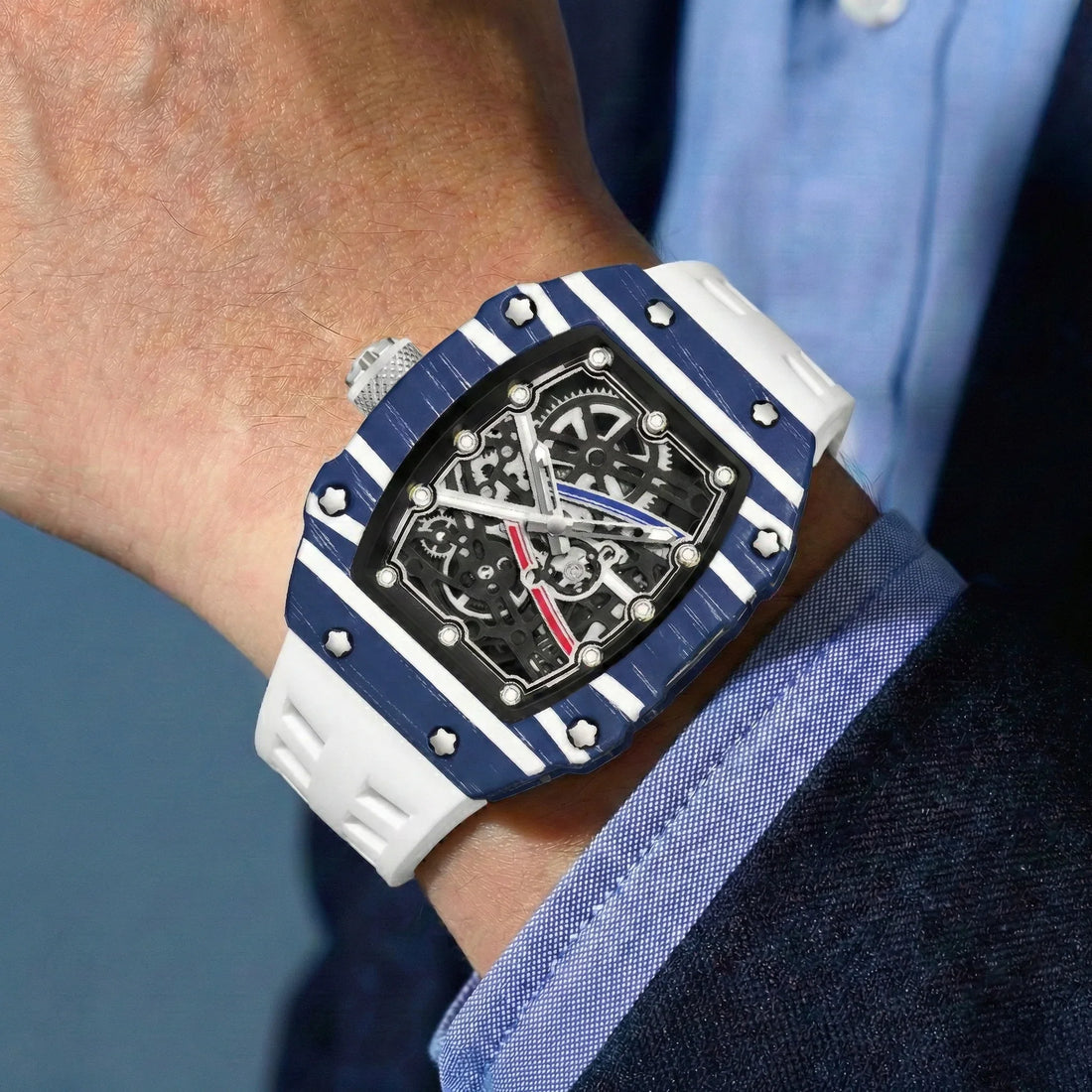 Skeleton sport watch by GIORGIO MARENO with a black silicone strap and detailed skeleton dial.