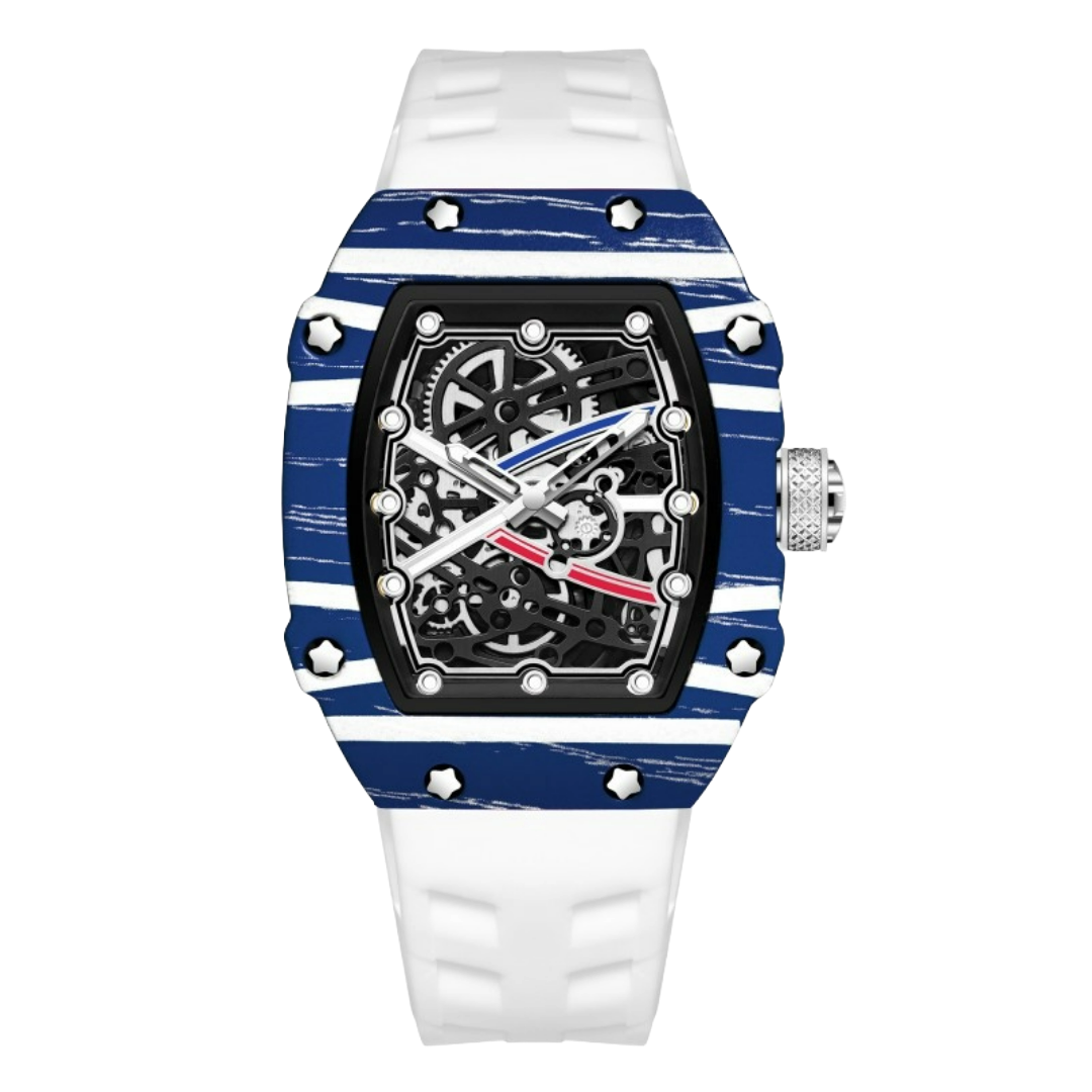 Skeleton sport watch by GIORGIO MARENO with a black silicone strap, featuring a detailed skeleton dial and modern design